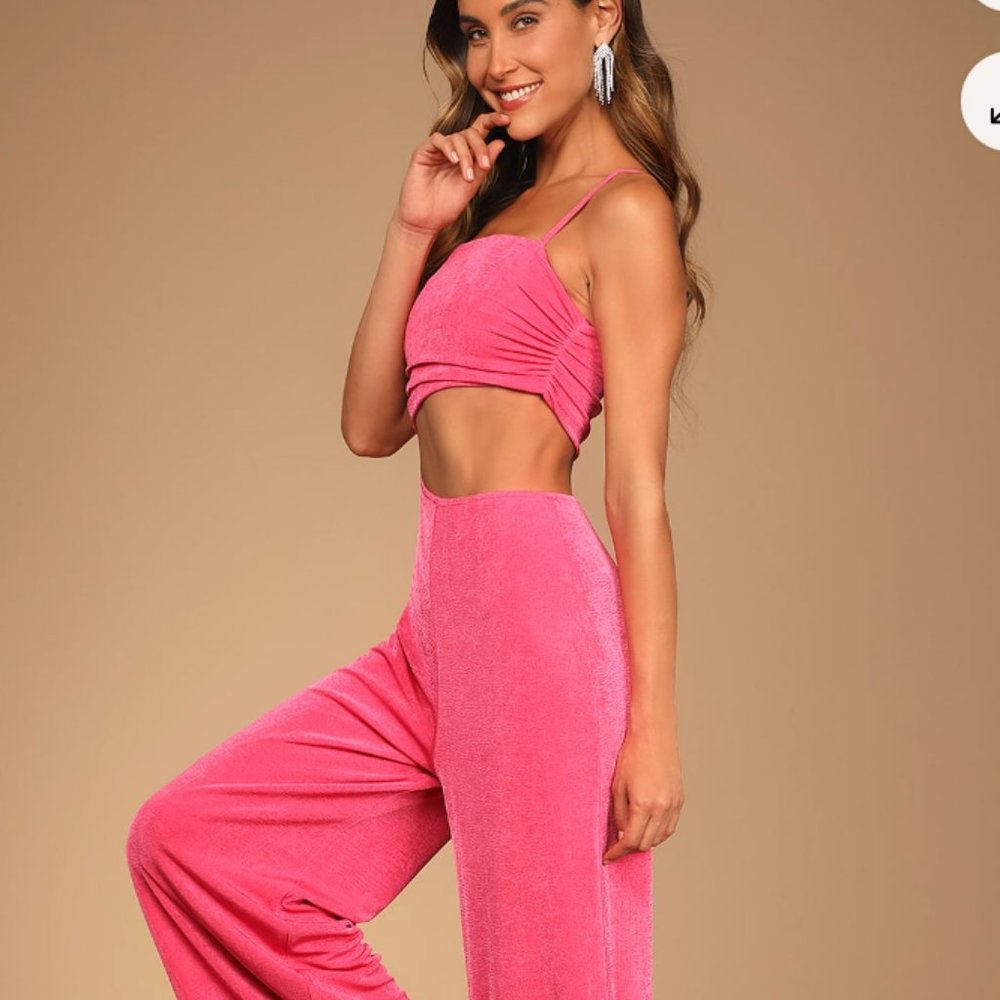 Lulus Timely Trends Hot Pink Asymmetrical Cutout Wide-Leg Jumpsuit